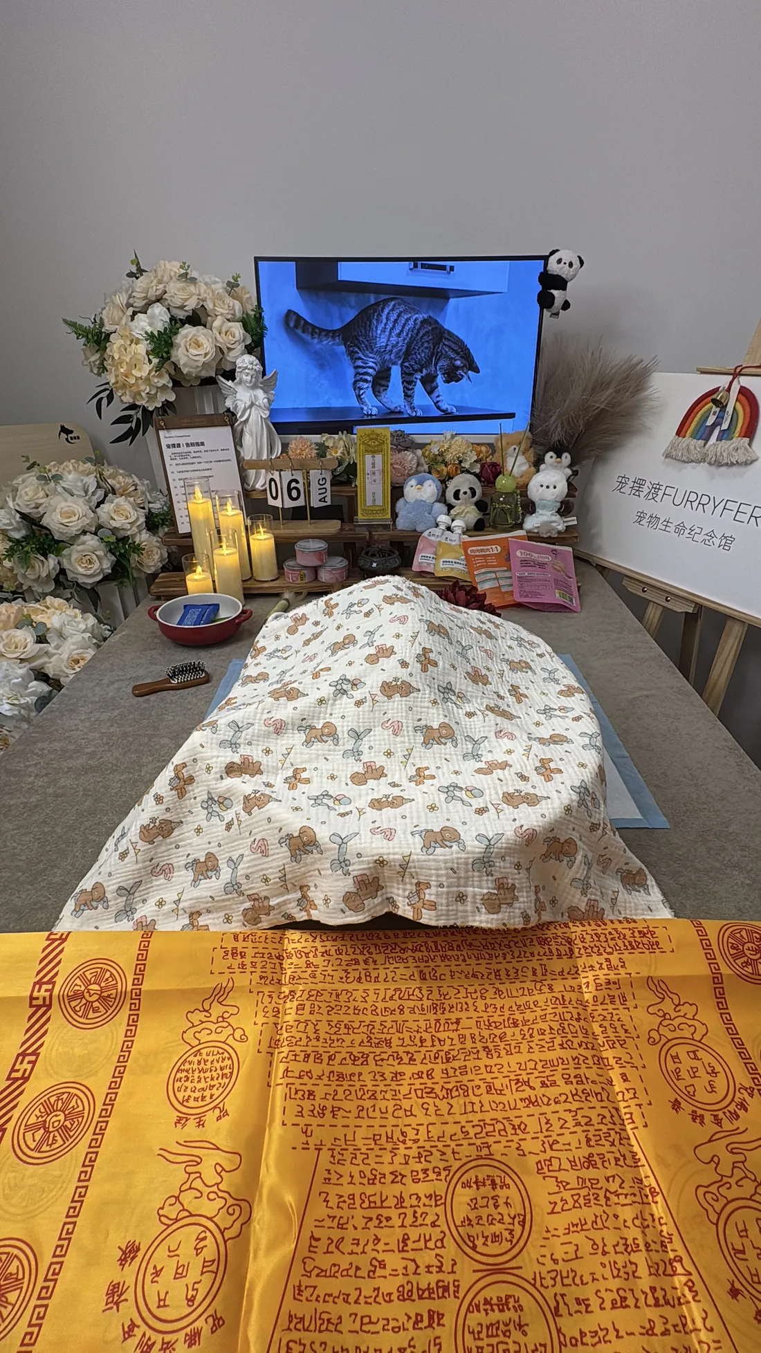太原宠物告别仪式中的鲜花与纪念照片